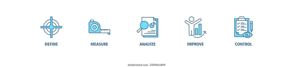 Dmaic banner web icon set vector illustration concept of define measure analyze improve control with icon of management, performance, development, target, growth icons perfect symbol background 