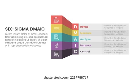 dmaic lss lean six sigma infographic 5 point stage template with box table shadow 3d style concept for slide presentation