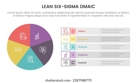 dmaic menos seis sigma infografía plantilla de 5 puntos con gráfico circular gran círculo concepto de información para presentación de diapositivas