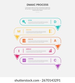 DMAIC process infographic outline style with long round rectangle with arrow bottom direction opposite 5 point template with for slide presentation vector