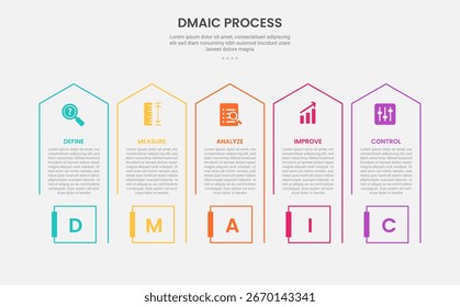 DMAIC processar estilo de contorno infográfico com caixa de retângulo longa com seta direção superior 5 modelo de ponto com para vetor de apresentação de slide
