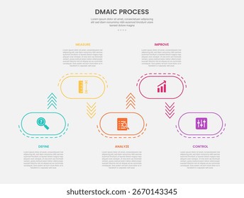 Estilo de esquema de infografía de proceso DMAIC con caja rectangular redonda hacia arriba y hacia abajo en dirección Horizontal Plantilla de 5 puntos con para Vector de presentación de diapositivas