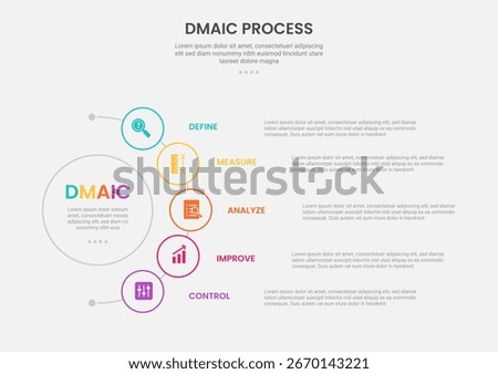 DMAIC process infographic outline style with half circle line connection circular 5 point template with for slide presentation vector