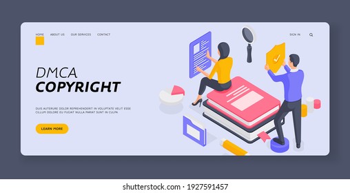 DMCA Copyright Banner Template. Female Sitting On Books And Reading Data While Male Verifying Intellectual Property While Representing DMCA Copyright Law Implementation