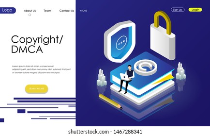 DMCA data copyright isometric icon, content security, book with lock and shield, electronic digital contract, young man with laptop pc, flat cartoon vector illustration.