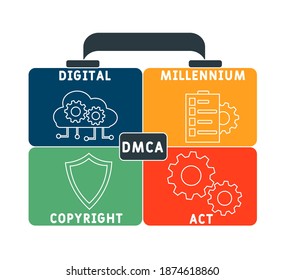 DMCA - Acrónimo de la Ley de Derechos de Autor del Milenio Digital. fondo de concepto de negocio.  concepto de ilustración vectorial con palabras clave e iconos. ilustración con iconos para banner web, volante, aterrizaje