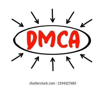 DMCA - Digital Millennium Copyright Act acronym text with arrows, technology concept background