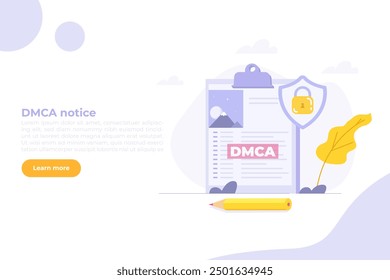 DMCA-Hinweis, geistiges Eigentum, Urheberrecht verletzendes Material Konzept. Vektorgrafik.