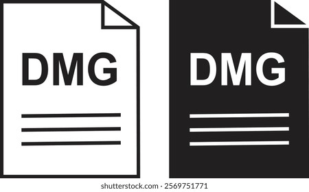 DMG file icon set. DMG file type symbol. File DMG format icon in black filled and outlined style isolated on transparent background. Ideal for technology or data related content, vector illustration.