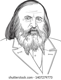 Dmitri Mendeleev (1834-1907) portrait in line art illustration. He was a Russian chemist who developed the periodic classification of the elements. 