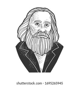 Dmitri Mendeleev portrait sketch engraving vector illustration. T-shirt apparel print design. Scratch board imitation. Black and white hand drawn image.