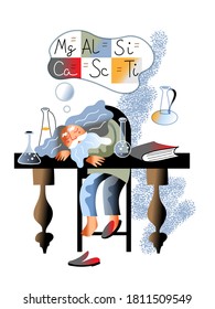 Dmitri Mendeleev sleeping on table seeing dream about chemical element and periodic table. Laboratory equipment chemical flask and test tube on desk. Russian professor character. Vector illustration