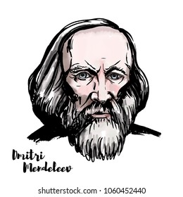 Dmitri Mendeleev watercolor vector portrait with ink contours. Russian chemist and inventor.