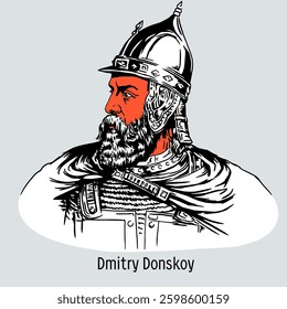 Dmitry Ivanovich Donskoy — Prince of Moscow, Vladimir and Novgorod. Nicknamed "Donskoy" for his victory in the Battle of Kulikovo near the Don River. Hand-drawn vector illustration