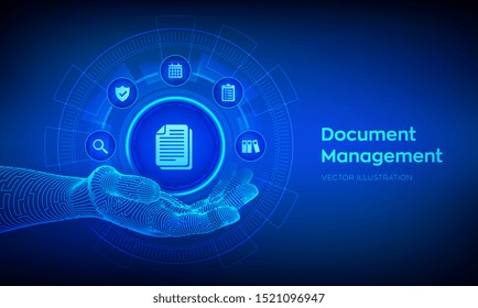 DMS. Document Management Data System. Document icon in robotic hand. Corporate data management system. Privacy data protection. Business Internet Technology Concept. Vector illustration.