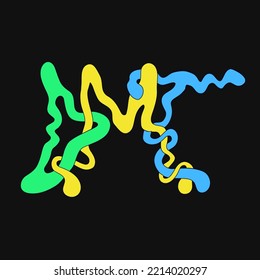 Palabra DMT, letras trippy de estilo psicodélico.Dibujo de dibujos animados con dibujos a mano de un vector.Diversas letras trippy, DMT, moda ácida, impresión de estilo de los años 60 para camisetas, concepto de póster
