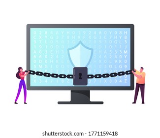 DMZ or VPN. Demilitarized Zone, Virtual Private Network, Website Encryption, Data Security, Privacy in Internet. Tiny Characters at Huge Pc with Shield and Chain. Cartoon People Vector Illustration