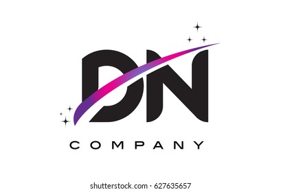 DN D N Black Letter Logo Design with Purple Magenta Swoosh and Stars.