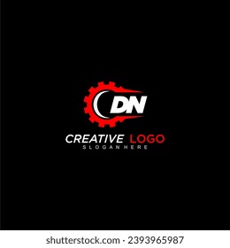 DN initial monogram for automotive logo with gear wheel image design vector