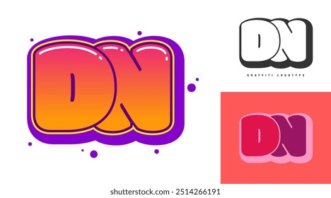 DN logo design for festival or party. Initial letter d and n in graffiti style. Creative modern lettering company name of font typography. Kids trendy logotype or identity. Vector illustration.