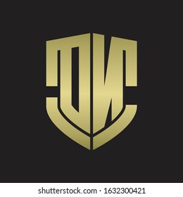 DN Logo monogram with emblem shield shape design isolated gold colors on black background