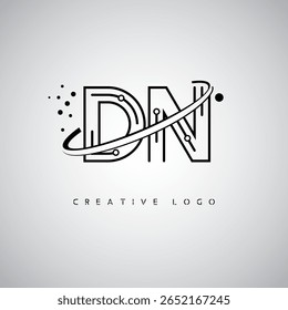 Logotipo del monograma de la órbita del DN – marca mínima futurista de la letra con el arte circular de la línea, los puntos inspirados en la tecnología y el concepto del movimiento del espacio para la identidad moderna de la marca