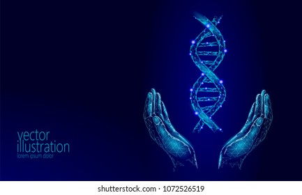 DNA 3D chemical molecule structure hands low poly. Polygonal triangle point line healthy cell part. Microscopic science blue medicine genome engineering vector illustration future business technology