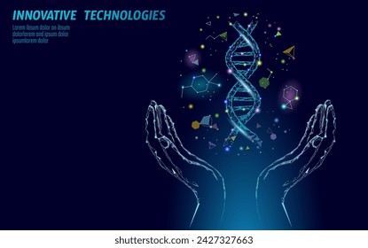 La estructura de la molécula química 3D del ADN mantiene bajo poli. Línea de punto de triángulo poligonal, parte de célula sana. Ciencia microscópica azul medicina genoma ingeniería ilustración vectorial futura tecnología de negocios