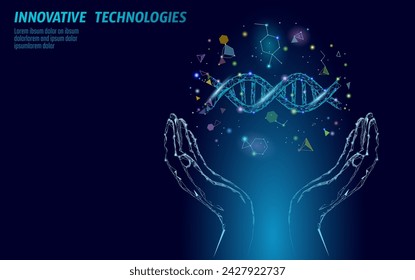 La estructura de la molécula química 3D del ADN mantiene bajo poli. Línea de punto de triángulo poligonal, parte de célula sana. Ciencia microscópica azul medicina genoma ingeniería ilustración vectorial futura tecnología de negocios