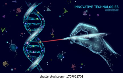 DNA 3D structure editing medicine concept. Low poly polygonal triangle gene therapy cure genetic disease. GMO engineering CRISPR Cas9 innovation modern technology science banner vector illustration