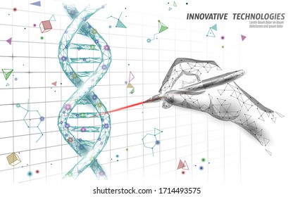 DNA 3D structure editing medicine concept. Low poly polygonal triangle gene therapy cure genetic disease. GMO engineering CRISPR Cas9 innovation modern technology science banner vector illustration