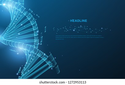 DNA. Abstract 3d polygonal wireframe DNA molecule helix spiral on blue. Medical science, genetic biotechnology, chemistry biology, gene cell concept vector illustration or background - Vector