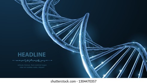 DNA. Abstract 3d polygonal wireframe DNA molecule helix spiral on blue. Medical science, genetic biotechnology, chemistry biology, gene cell concept vector illustration or background
