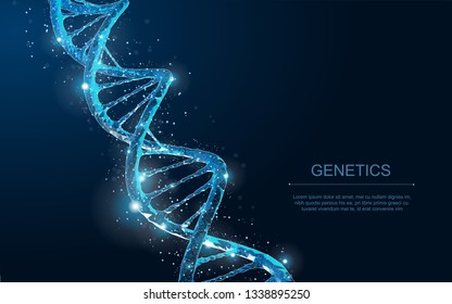 DNA. Abstract 3d polygonal wireframe DNA molecule helix spiral on blue. Medical science, genetic biotechnology, chemistry biology, gene cell concept  illustration or background