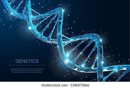 DNA. Abstract 3d polygonal wireframe DNA molecule helix spiral on blue. Medical science, genetic biotechnology, chemistry biology, gene cell concept vector illustration or background