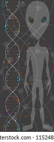 DNA and alien on a gray background. The study of alien life forms. Cloning creatures, DNA tests, tests. Medical technology of the future.