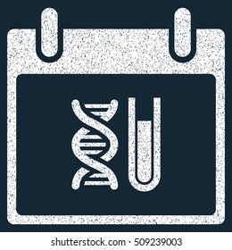 DNA Analysis Calendar Day grainy textured icon for overlay watermark stamps. Flat symbol with scratched texture. Dotted vector white ink rubber seal stamp with grunge design on a dark blue background.