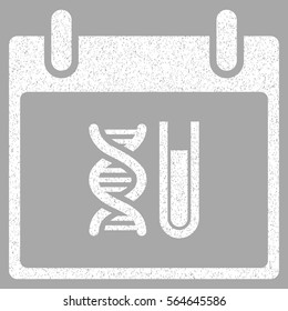 DNA Analysis Calendar Day grainy textured icon for overlay watermark stamps. Flat symbol with unclean texture. Dotted vector white ink rubber seal stamp with grunge design on a silver background.