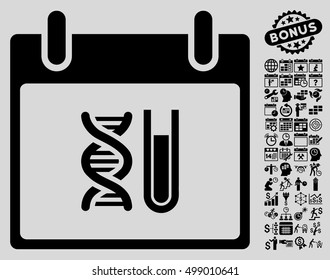 DNA Analysis Calendar Day icon with bonus calendar and time management pictures. Vector illustration style is flat iconic symbols, black, light gray background.