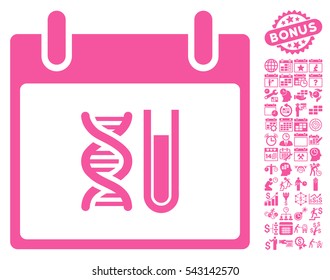 DNA Analysis Calendar Day icon with bonus calendar and time management design elements. Vector illustration style is flat iconic symbols, pink, white background.
