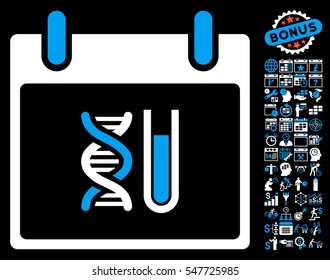 DNA Analysis Calendar Day icon with bonus calendar and time management icon set. Vector illustration style is flat iconic symbols, blue and white, black background.