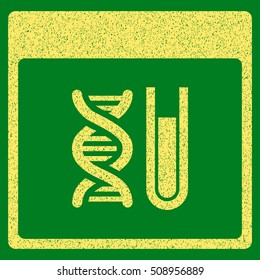DNA Analysis Calendar Page grainy textured icon for overlay watermark stamps. Flat symbol with dirty texture. Dotted vector yellow ink rubber seal stamp with grunge design on a green background.