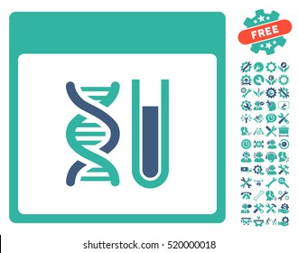 DNA Analysis Calendar Page icon with bonus service pictograms. Vector illustration style is flat iconic symbols, cobalt and cyan, white background.