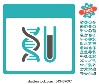 DNA Analysis Calendar Page icon with bonus settings graphic icons. Vector illustration style is flat iconic symbols, grey and cyan, white background.