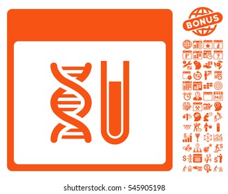 DNA Analysis Calendar Page icon with bonus calendar and time management pictures. Vector illustration style is flat iconic symbols, orange, white background.