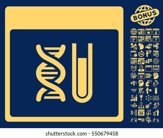 DNA Analysis Calendar Page icon with bonus calendar and time management icon set. Vector illustration style is flat iconic symbols, yellow, blue background.