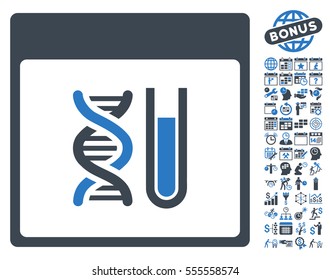 DNA Analysis Calendar Page icon with bonus calendar and time management design elements. Vector illustration style is flat iconic symbols, smooth blue, white background.