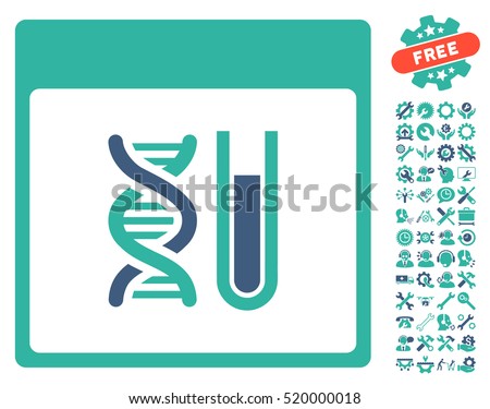 DNA Analysis Calendar Page icon with bonus service pictograms. Vector illustration style is flat iconic symbols, cobalt and cyan, white background.