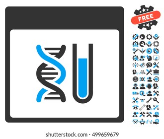 DNA Analysis Calendar Page pictograph with bonus service symbols. Vector illustration style is flat iconic symbols, blue and gray, white background.