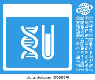 DNA Analysis Calendar Page pictograph with bonus calendar and time management pictograms. Vector illustration style is flat iconic symbols, white, blue background.